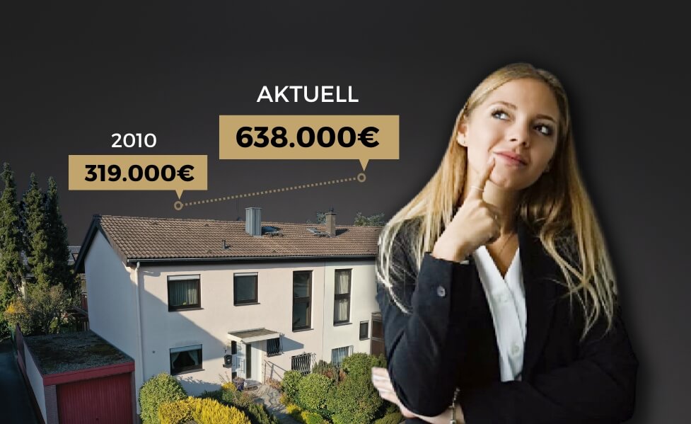 Geschäftsführerin Leonie Mo Erbe vor einer Grafik der Preisentwicklung von Immobilienpreisen